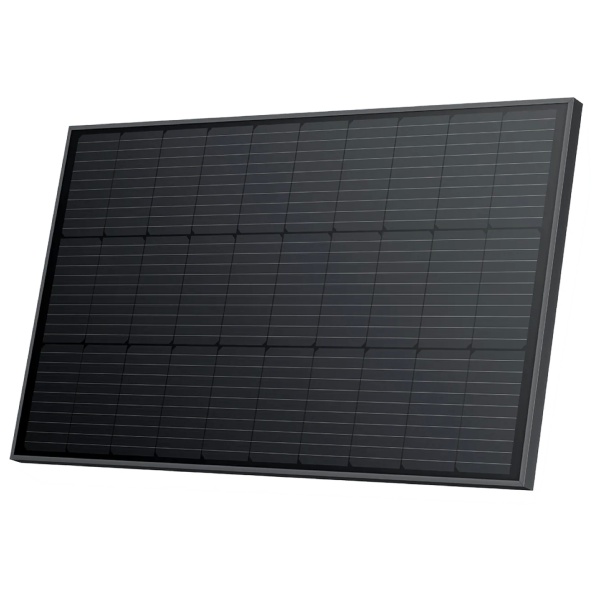 A black solar panel, EcoFlow 100W Monocrystalline Rigid Solar Panel, on a white background.