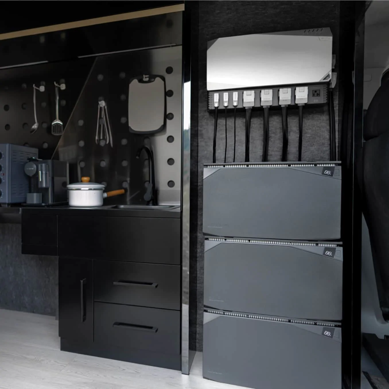 A kitchen in a black and white van equipped with EcoFlow 15kWh Power Kits for ultimate independence and quick shipping.