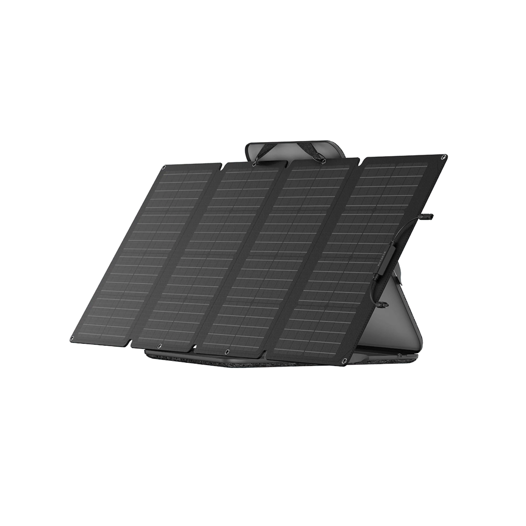 A portable black solar panel by EcoFlow, featuring 160W monocrystalline technology, on a white background.