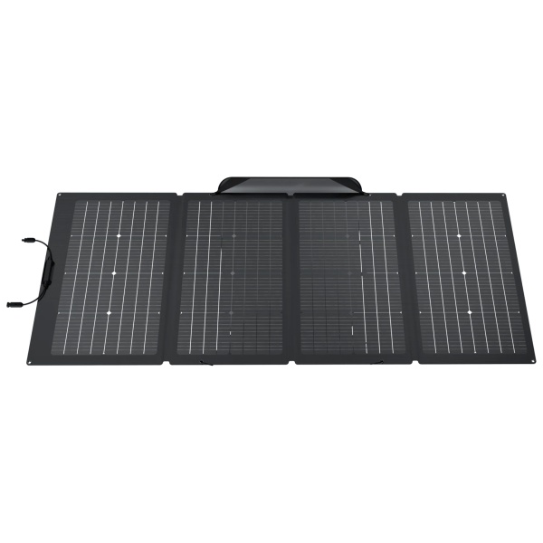 A portable EcoFlow 220W monocrystalline bifacial solar panel on a white background.