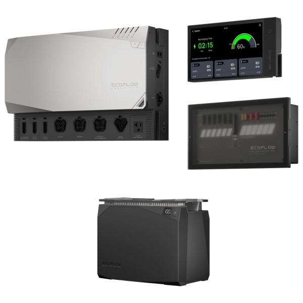 A set of electronic devices, including a remote control and a battery charger, from the EcoFlow 2kWh Power Kits - Independence Kit which ships in 1-2 weeks.