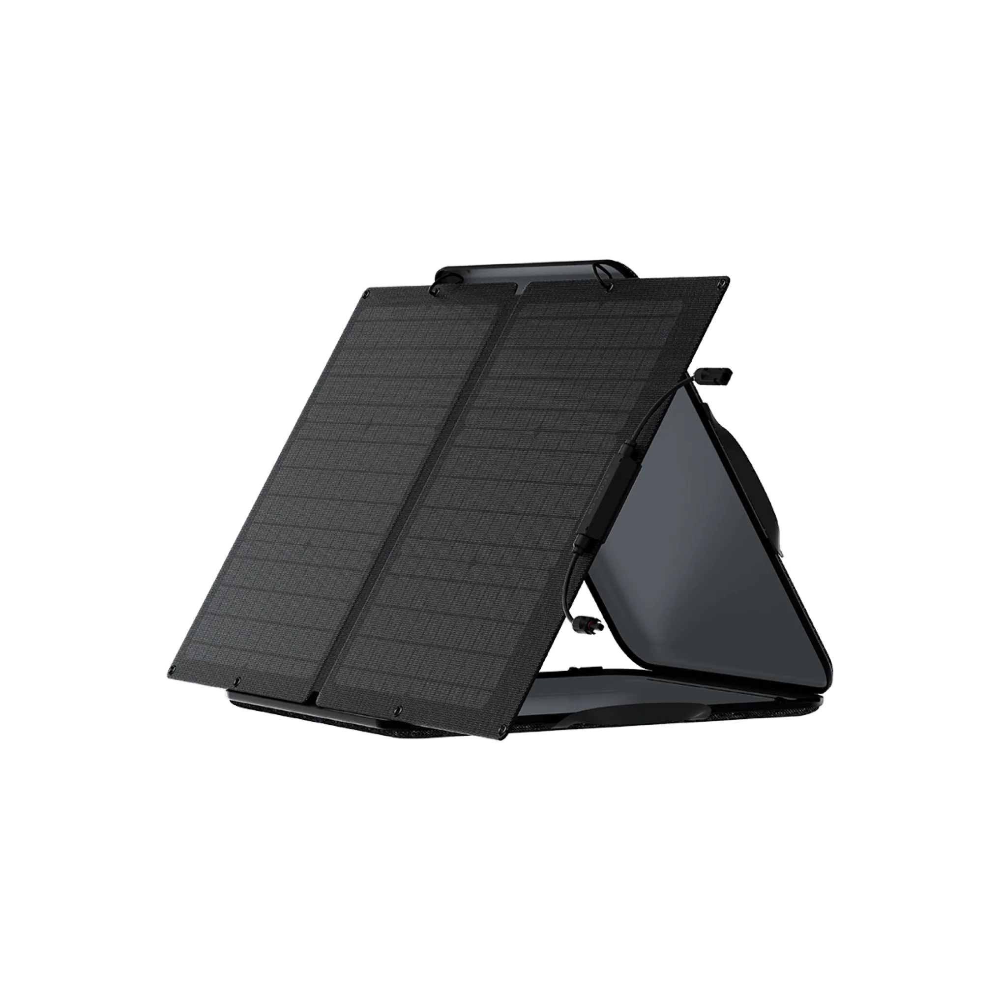 A black solar panel sitting on top of a white background, EcoFlow 60W Monocrystalline.