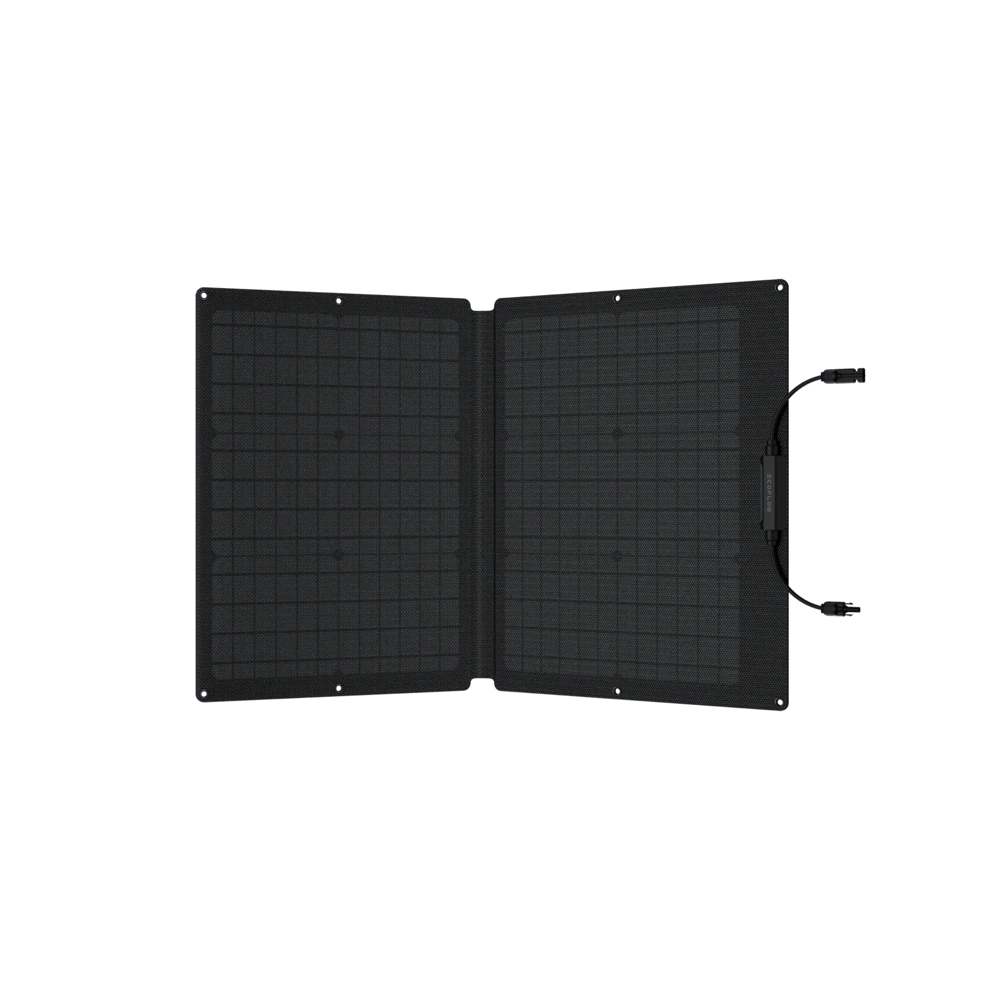 A black solar panel on a white background manufactured by EcoFlow.