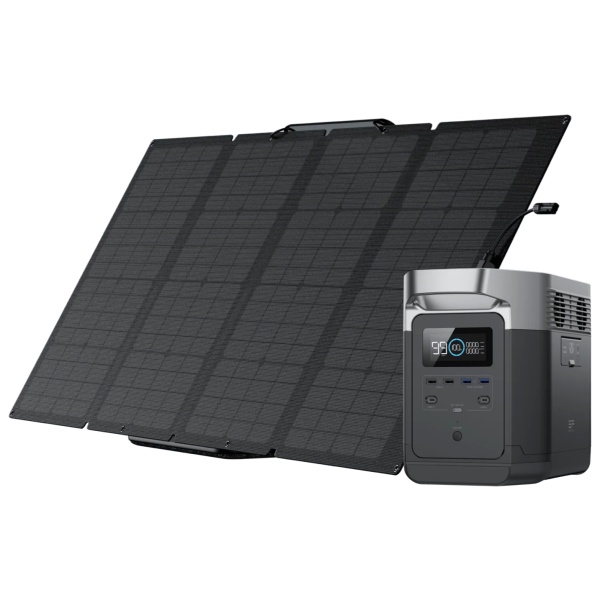 A solar panel with a battery and charger, including an EcoFlow DELTA 1000 Solar Generator and 1 (One) 160W Portable Solar Panel.