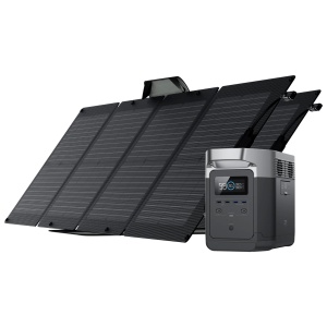Portable solar generator with two 110W panels on a white background.