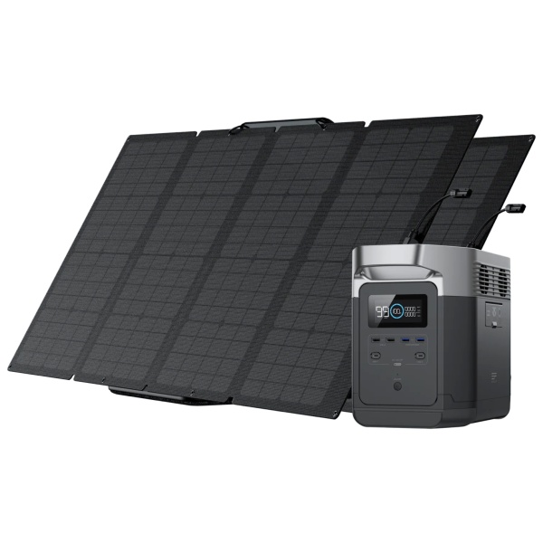 A solar panel on a white background with EcoFlow DELTA 1000 Solar Generator and 2 portable solar panels.