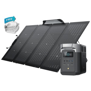 A solar panel with a battery and a charger, including the EcoFlow DELTA 2 Solar Generator and one portable solar panel.