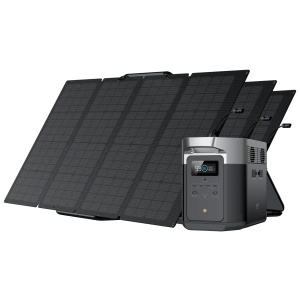 A solar panel with a battery and charger that includes EcoFlow DELTA Max 1600 Solar Generator and 3 portable solar panels.