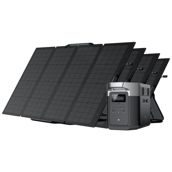 A solar panel with attached battery and portable solar panels.