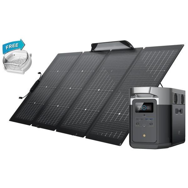 A solar panel with a battery, EcoFlow DELTA Max 2000 Solar Generator, and a portable 220W solar panel.