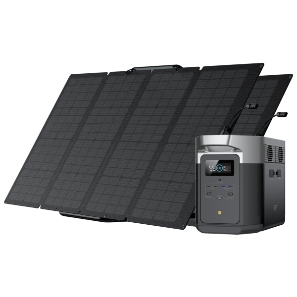A solar panel on a white background that includes the EcoFlow DELTA Max 2000 Solar Generator and 2 portable solar panels.