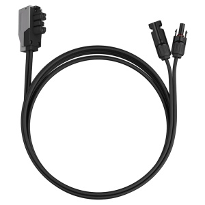A black solar charge cable connected to a white background.