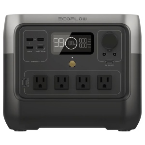 A black and grey portable power station on a white background.