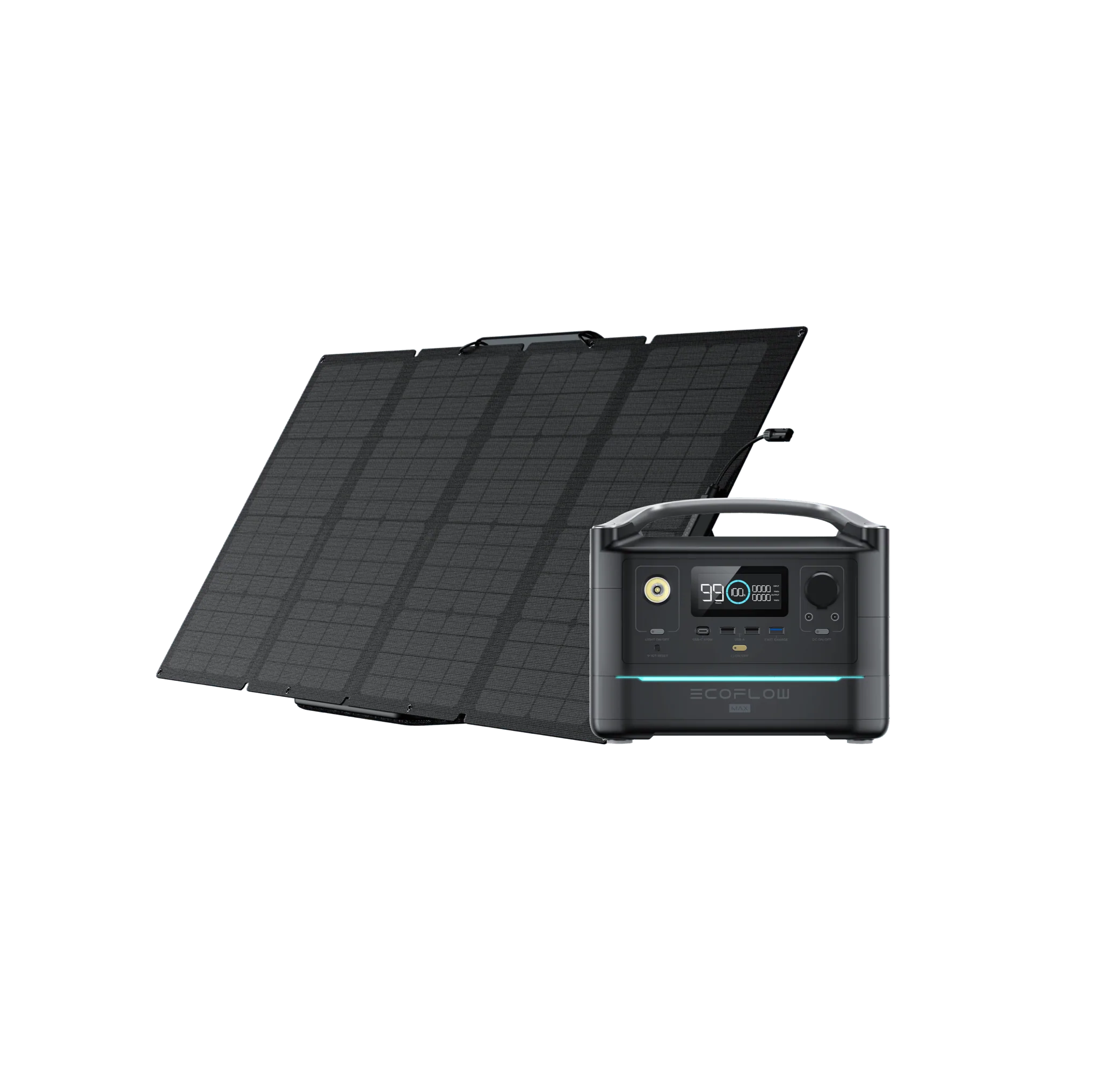 A portable solar panel with a battery and charger.