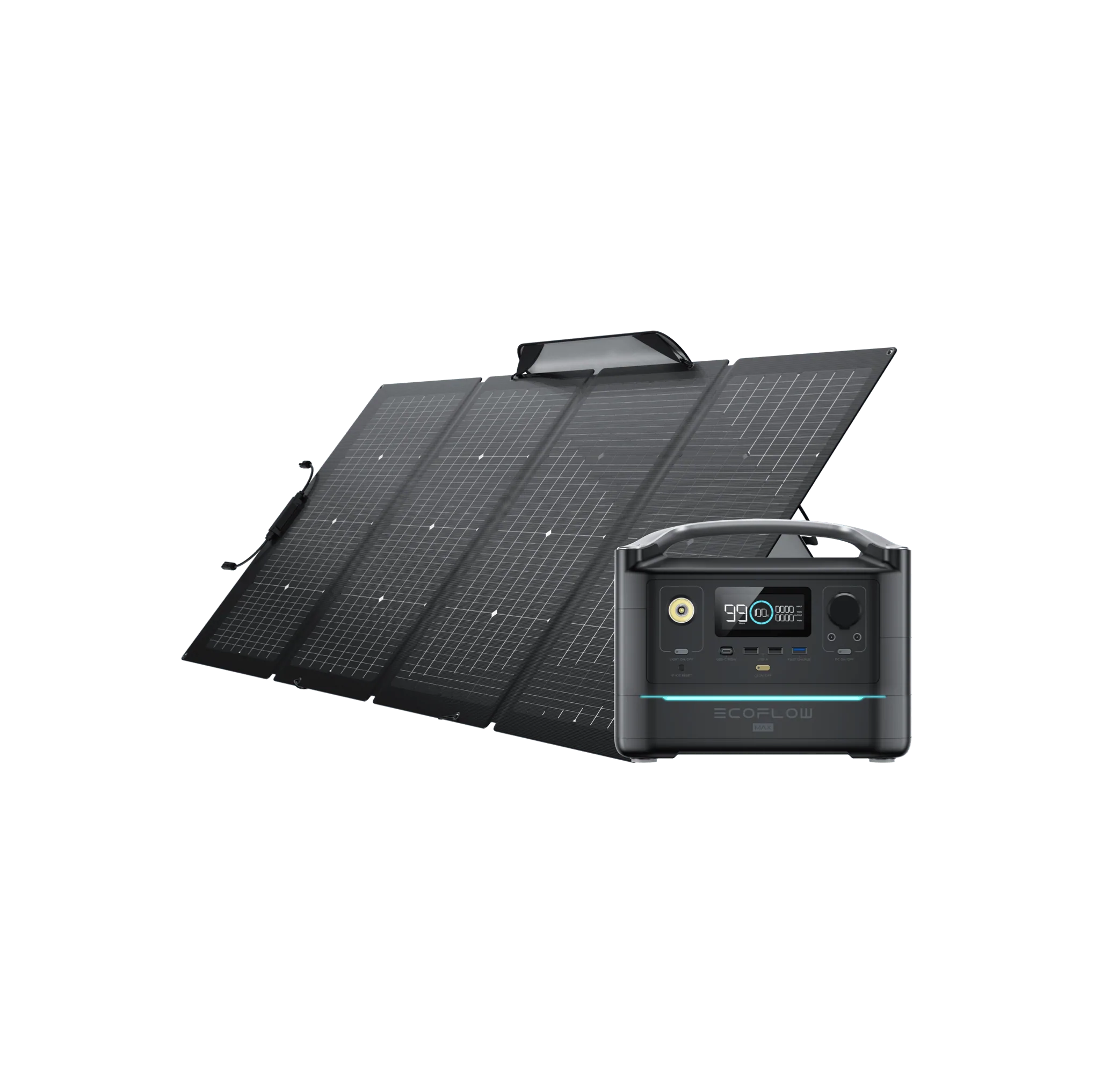 A solar generator with a portable solar panel, battery, and charger.