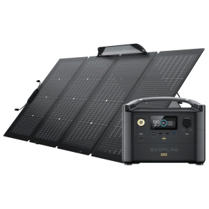 A solar panel with a battery and a charger, powered by the EcoFlow RIVER Pro Generator and including one portable 220W Solar Panel.