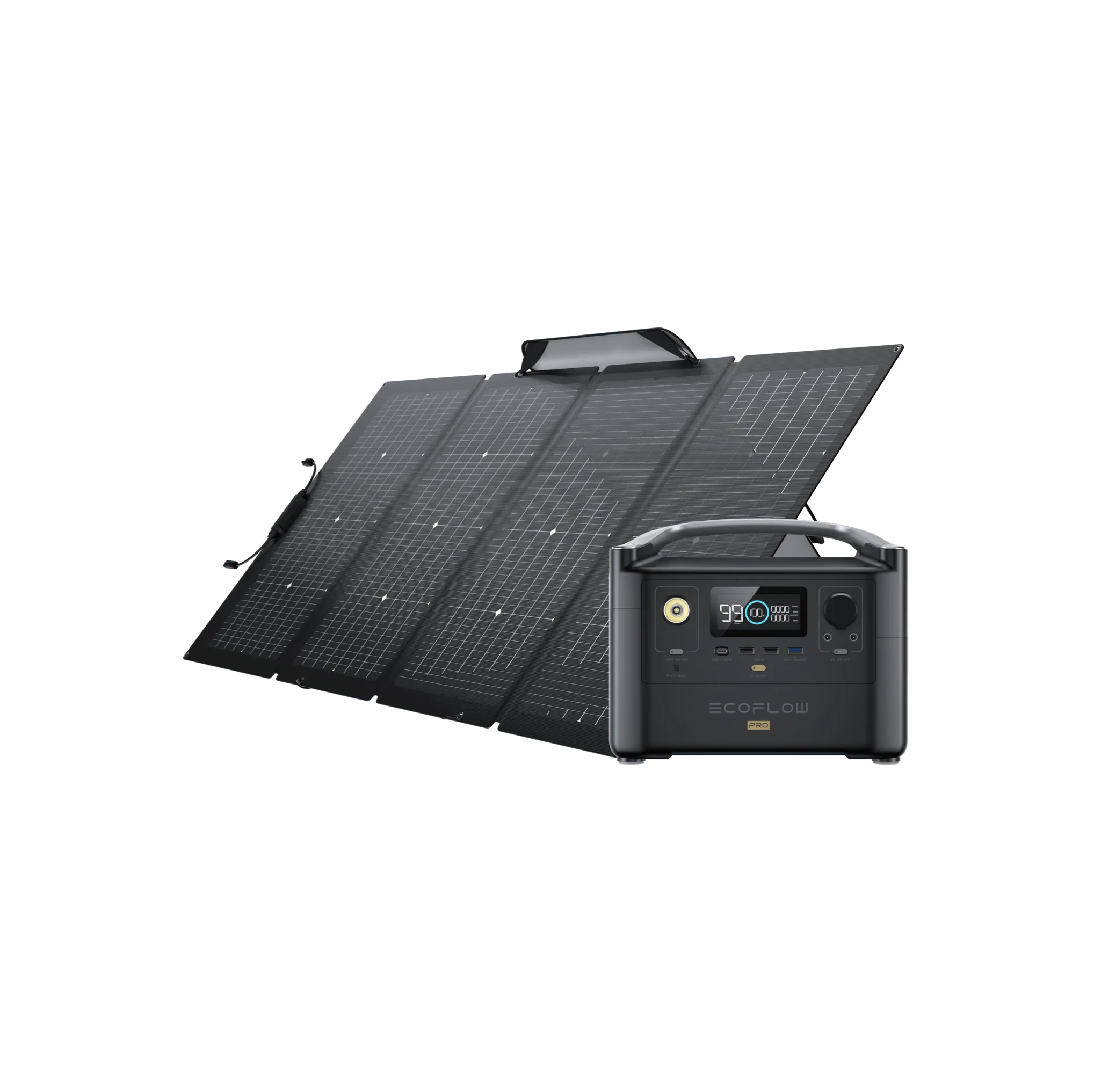 A solar panel with a battery and a charger, powered by the EcoFlow RIVER Pro Generator and including one portable 220W Solar Panel.