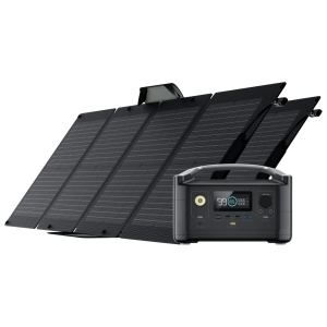 A solar panel with an attached battery and two portable solar panels.