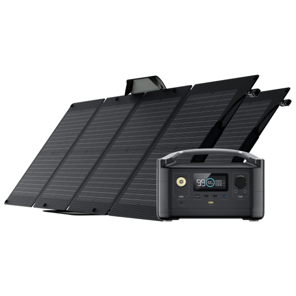 A solar panel with an attached battery and two portable solar panels.