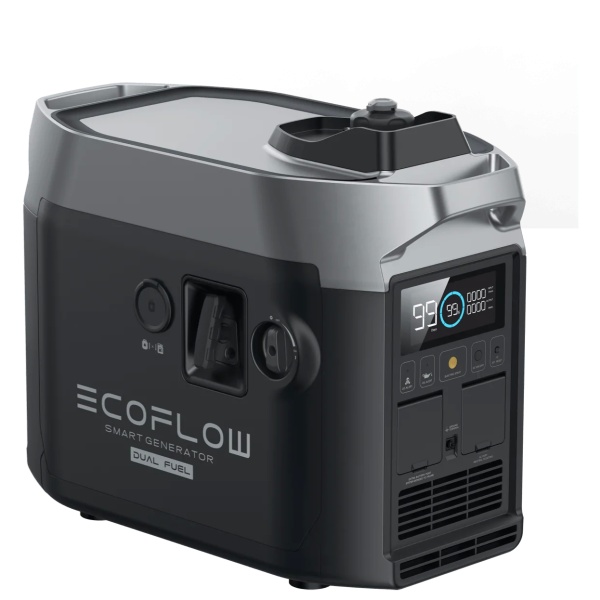 A portable air conditioner on a white background, powered by EcoFlow Smart Generator (Dual Fuel) and available for shipping in 1-2 weeks.
