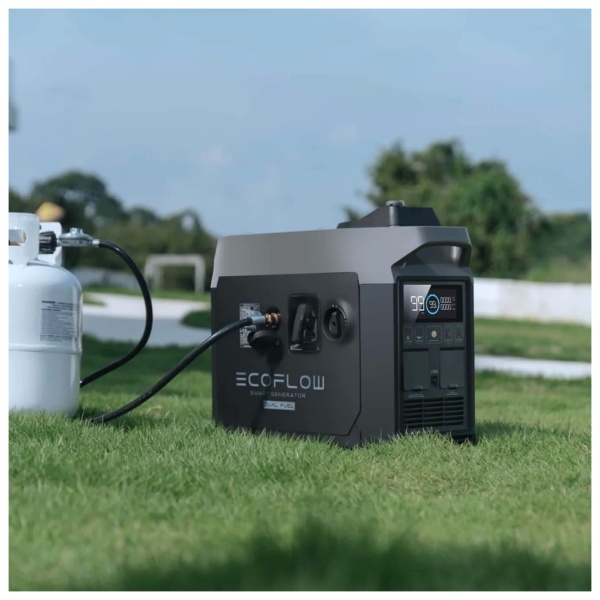 The EcoFlow Smart Generator (Dual Fuel) is sitting on the grass next to a propane tank.