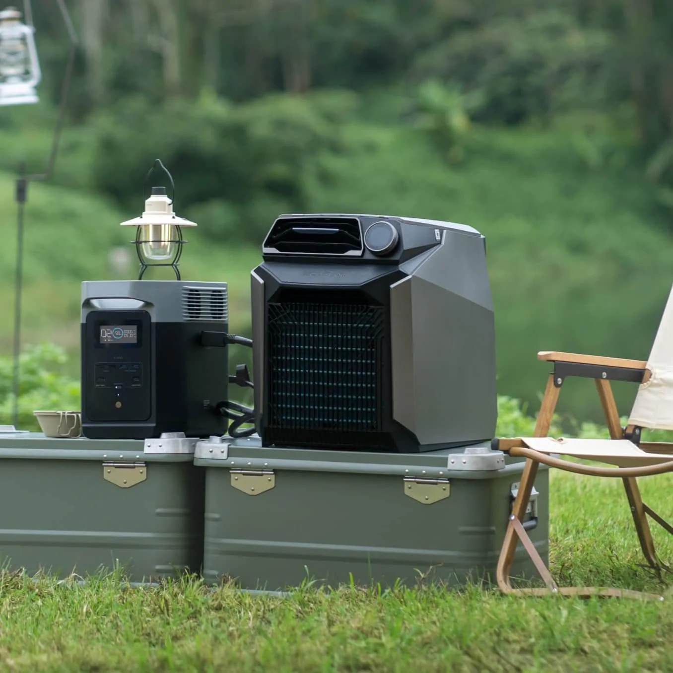 EcoFlow Wave Portable Air Conditioner sits on top of a lawn chair (SHIPS IN 1-2 WEEKS).