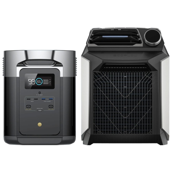 A portable air conditioner with remote control and silver design.