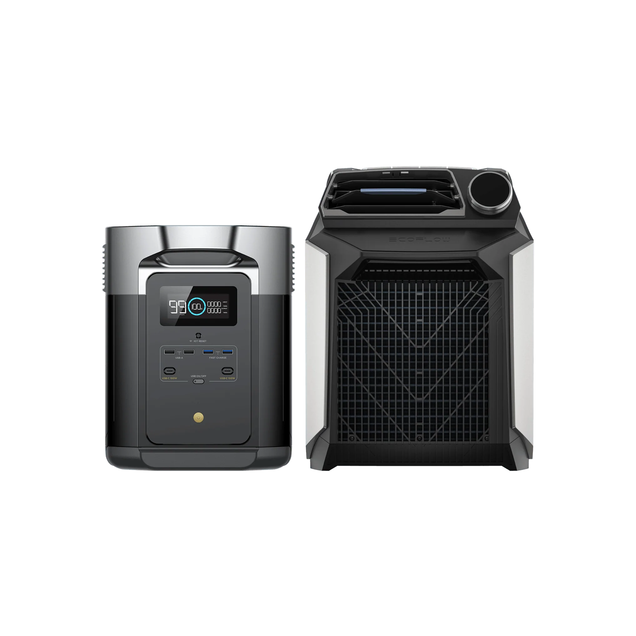 A portable air conditioner with remote control and silver design.