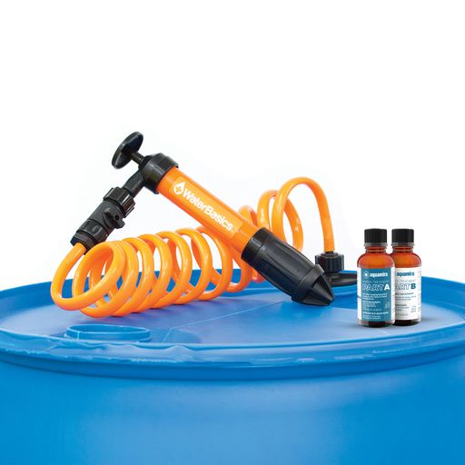 A water pump kit that includes a blue and orange hose with a bottle attachment.