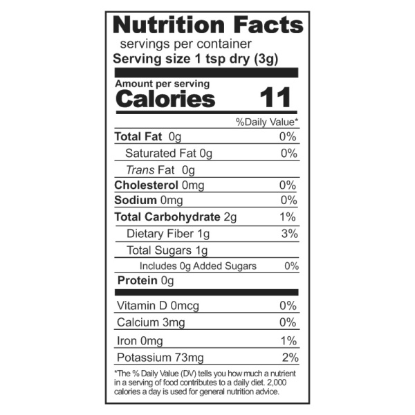 Nutrition label displaying Rainy Day Foods Freeze-Dried Jalapeno Peppers product.