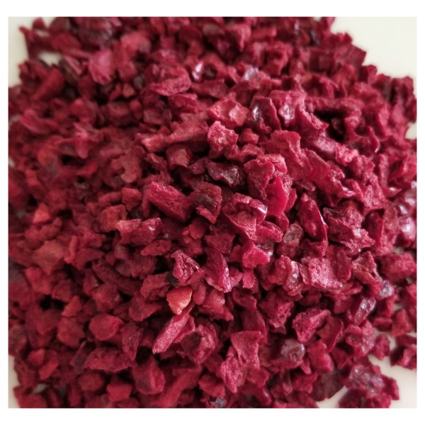 A pile of red beets on a white plate with Rainy Day Foods Freeze-Dried Tart Cherry Dices.