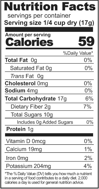 Nutrition label displaying Rainy Day Foods Freeze-Dried Tart Cherry Dices, 220 servings, in #10 cans.