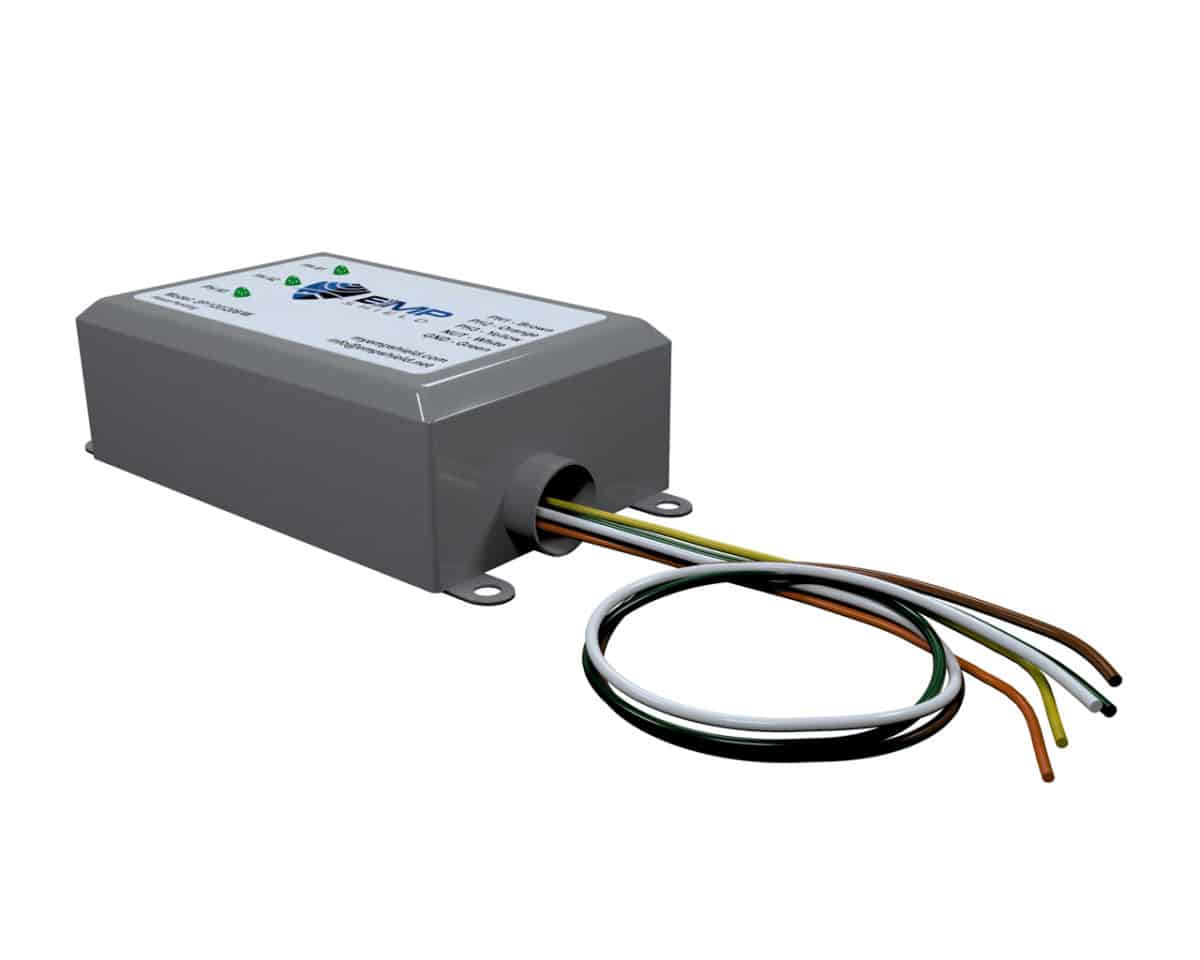 A power supply with EMP Shield 3 Phase 120-208 Volt AC EMP and Lightning Protection (3P-120-208-W) capabilities.