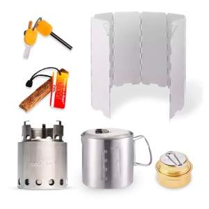 Camping stove and gear kit featuring a solo stove and stainless steel utensils.