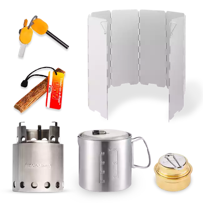 Camping stove and gear kit featuring a solo stove and stainless steel utensils.