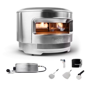 A portable stove with burner and stainless steel construction.