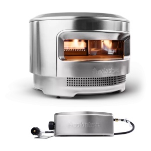 A portable stainless steel stove with two burners and a remote control.
