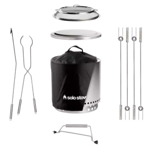 An ultimate camping bundle including a pot, pan, and utensils with a solo stove and stainless steel design.