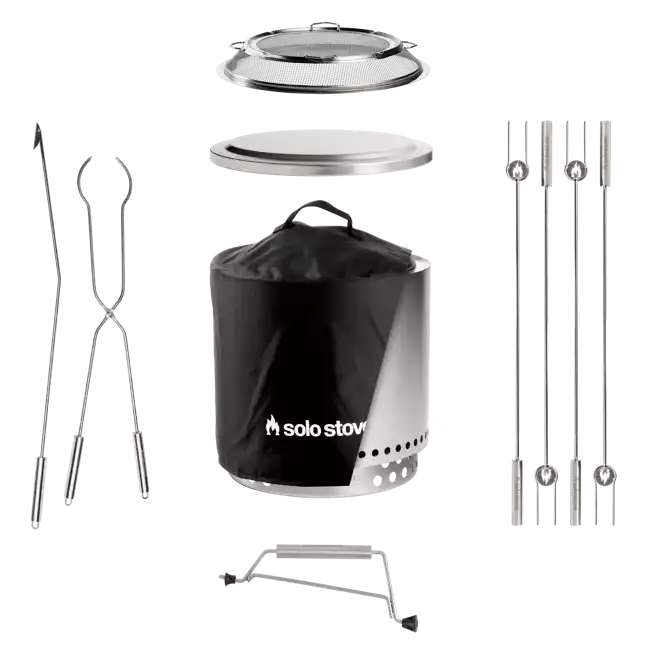 An ultimate camping bundle including a pot, pan, and utensils with a solo stove and stainless steel design.