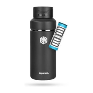 Aquamira SHIFT 24oz Filter Bottle with blue lid and straw, black color.