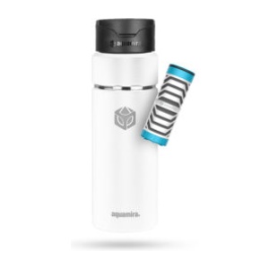 A white water bottle with a blue sleeve from Aquamria SHIFT.