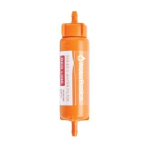 A bottle of orange liquid from the WaterBasics Series II RED Line Emergency Filter.