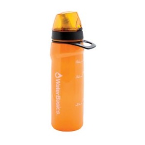 An orange water bottle with a black lid from the WaterBasics Series II RED Line.