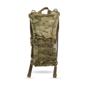 A multicam hydration pack on a white background with Aquamira Tactical RIGGER (Coyote) and Pressurized Hydration.