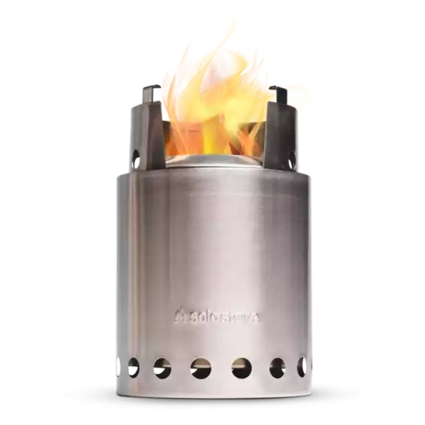 A portable camp stove with flames on a black background, available in stainless steel.
