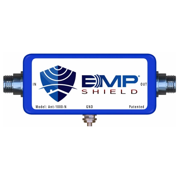 A blue box with an EMP Shield to protect against electromagnetic pulses up to 1000 Watts.