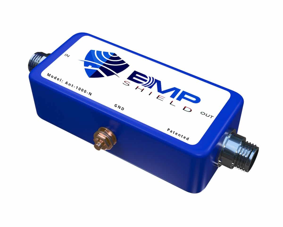 A blue box with the word bmp on it, providing EMP protection up to 1000 Watts with N-Connectors.