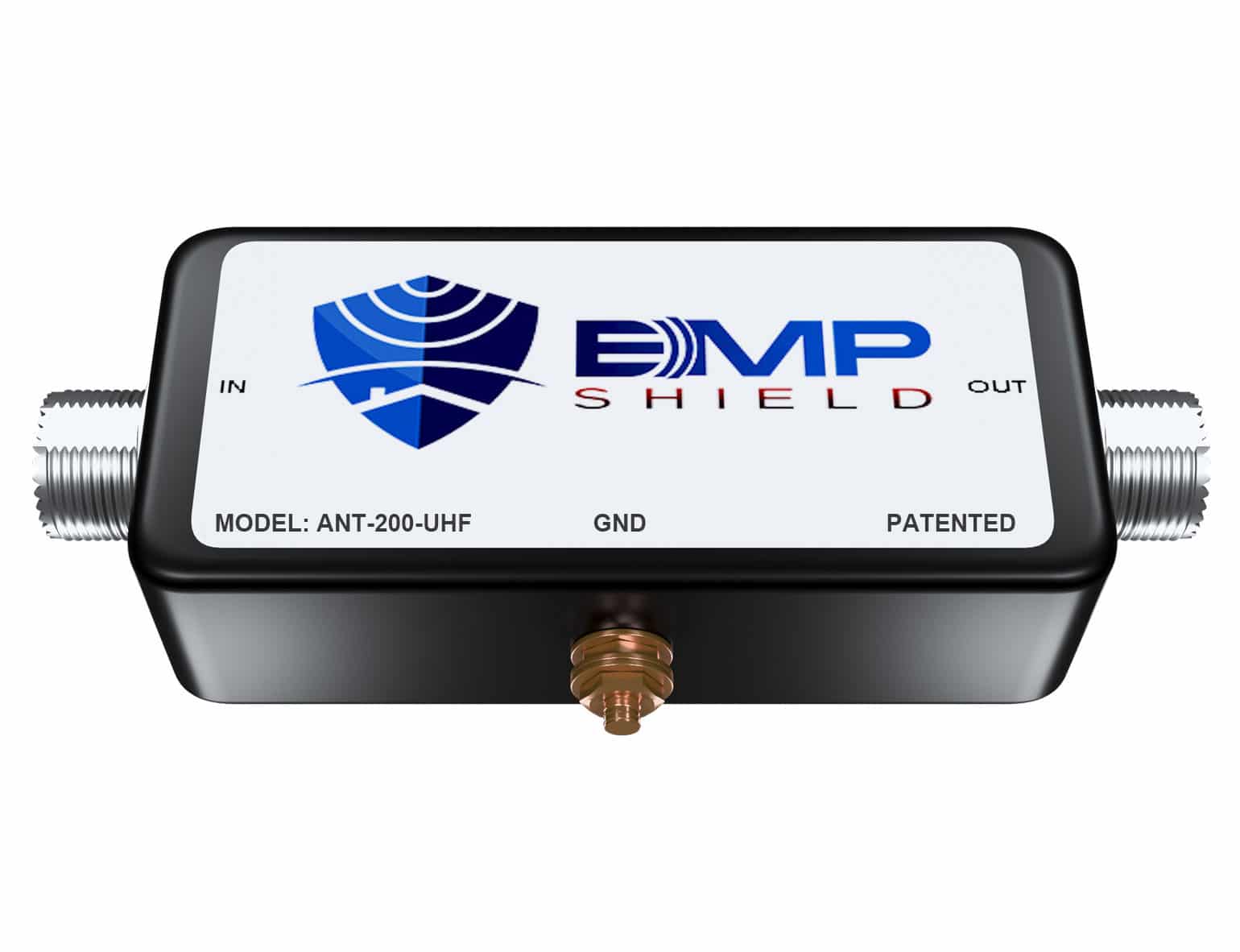 The EMP shield with UHF connectors is displayed on a white background.