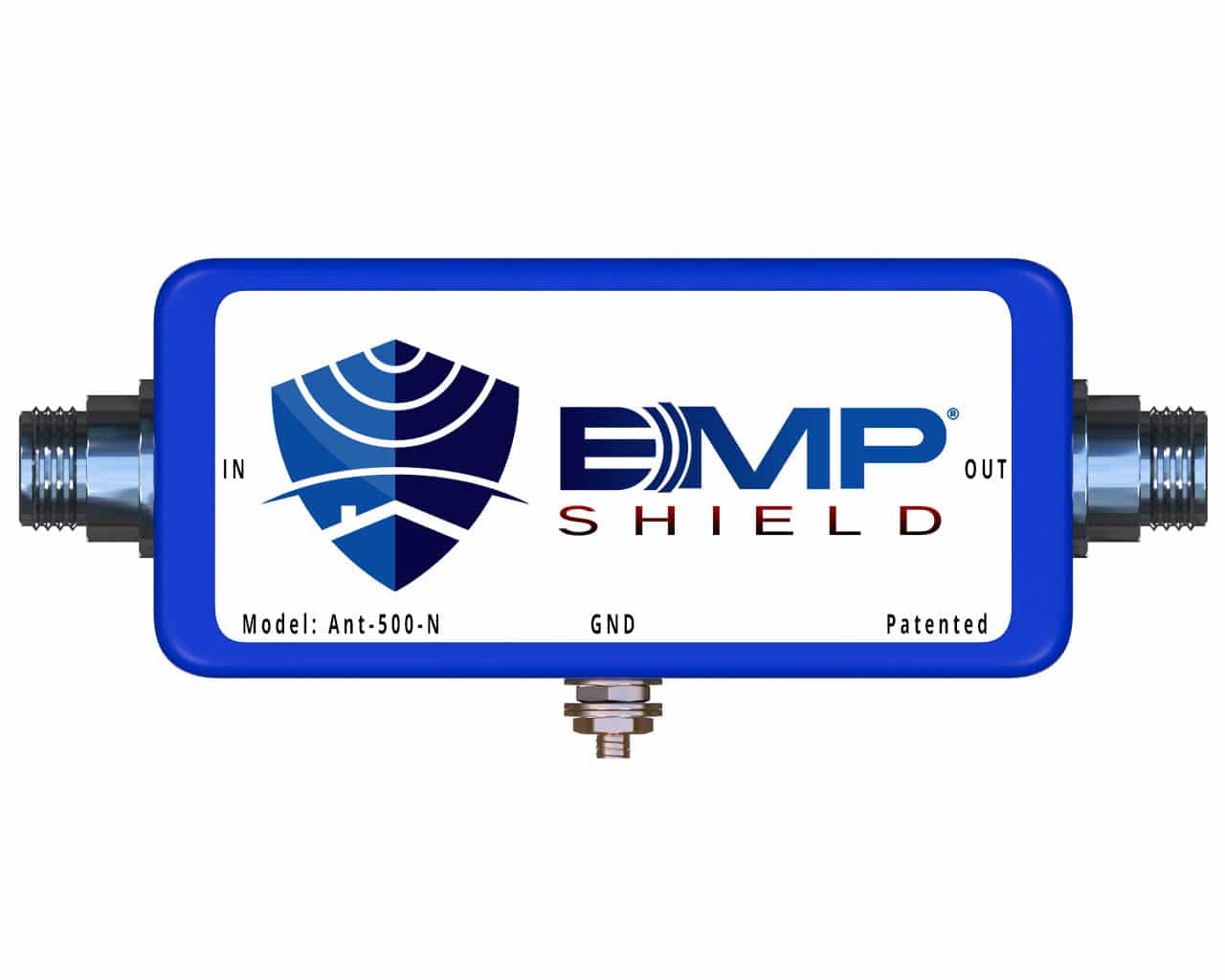 A blue box with the word EMP Shield on it, offering radio HF/VHF/UHF EMP protection up to 500 Watts with N-Connectors, available for shipping in 1-2 weeks