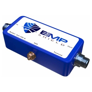 A blue box with the word bmp on it that offers EMP protection up to 500 Watts.